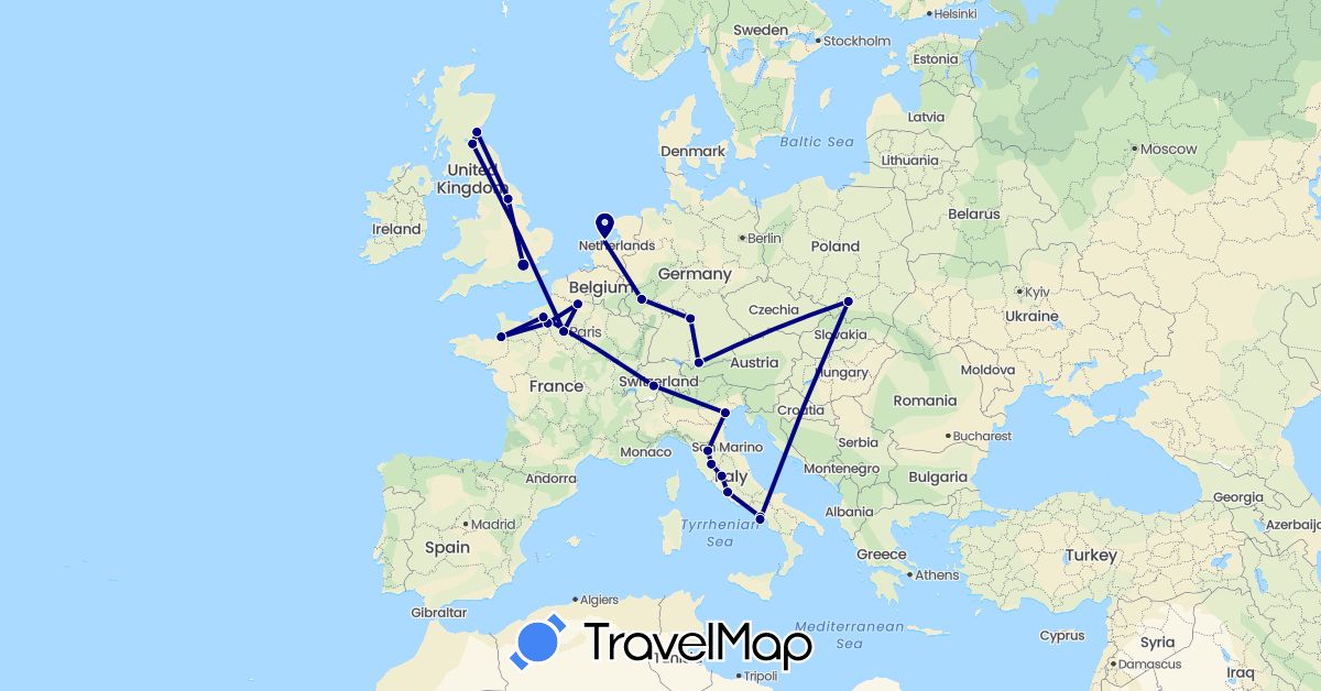 TravelMap itinerary: driving in Switzerland, Germany, France, United Kingdom, Italy, Netherlands, Poland (Europe)